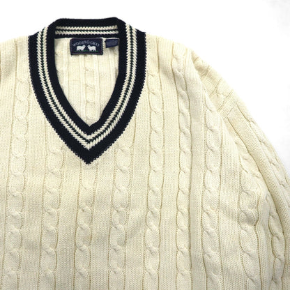 90s Vintage V-neck Knit Sweater, White, Cable Knit, Size L, WOODS&amp;GRAY