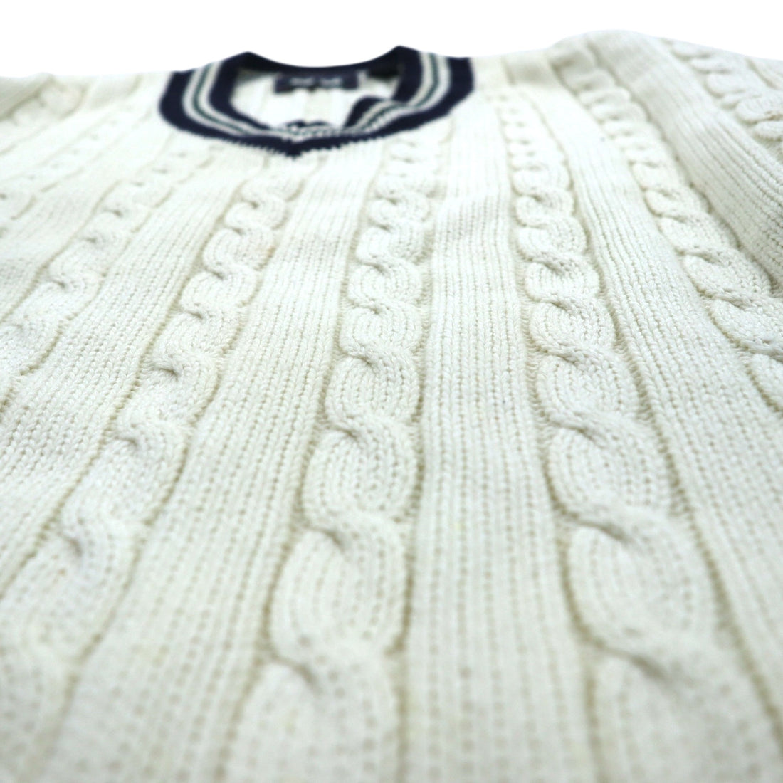 90s Vintage V-neck Knit 90年代 チルデン ニット Vネック セーター L ホワイト ケーブル編み WOODS&GRAY