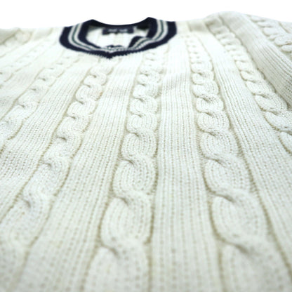 90s Vintage V-neck Knit Sweater, White, Cable Knit, Size L, WOODS&amp;GRAY