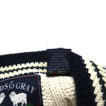 90s Vintage V-neck Knit Sweater, White, Cable Knit, Size L, WOODS&amp;GRAY