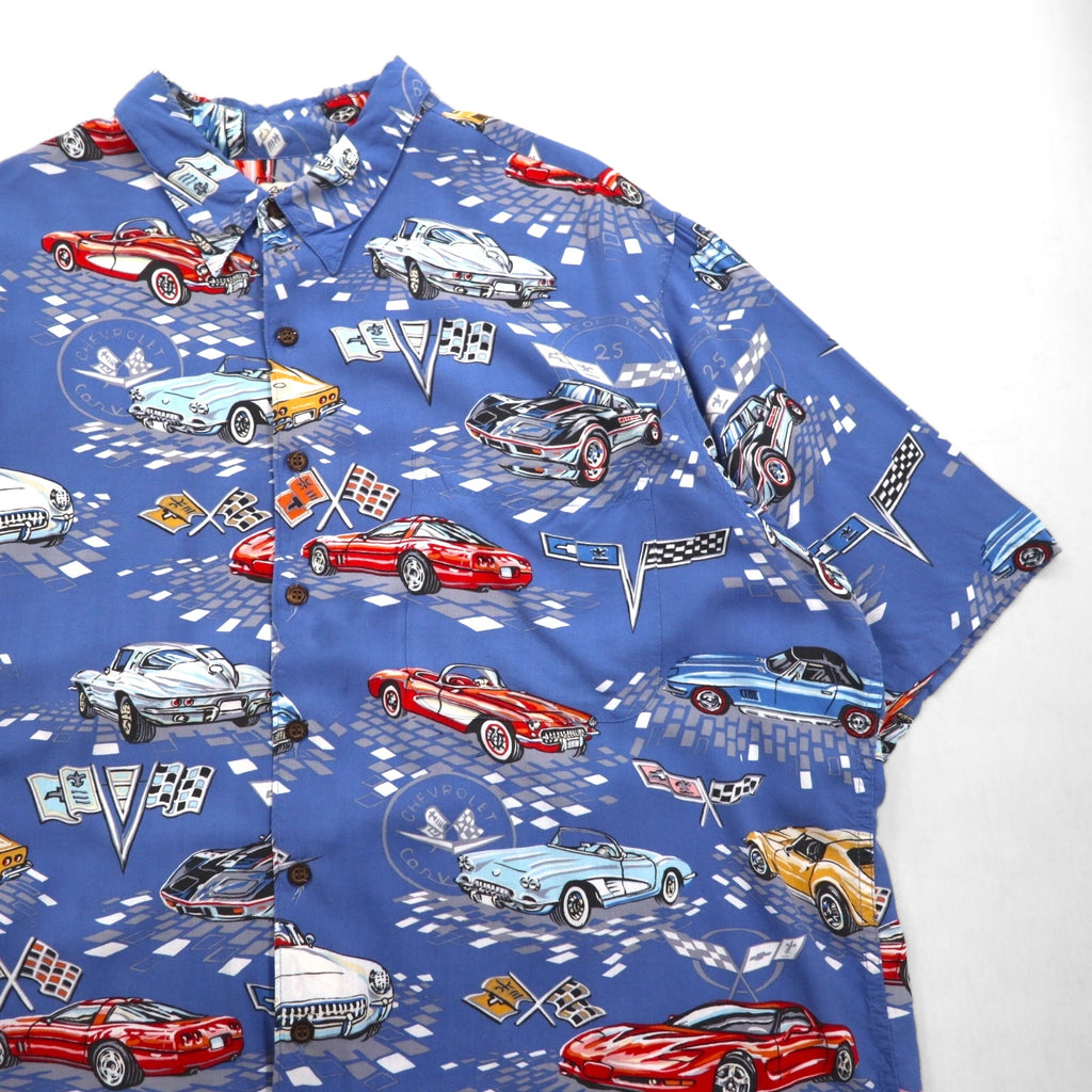 Reyn SPOONER 90s Hawaii (USA) Made AMERICAN CLASSICS Classic Car Aloha Shirt, Size 2XL, Blue Rayon, Chevrolet