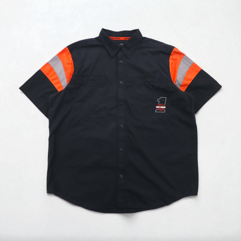 HARLEY DAVIDSON RACING 半袖 レーシングシャツ XL ブラック コットン ダブルポケット バックロゴ刺繍