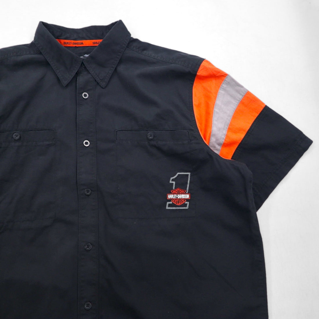 HARLEY DAVIDSON RACING 半袖 レーシングシャツ XL ブラック コットン ダブルポケット バックロゴ刺繍