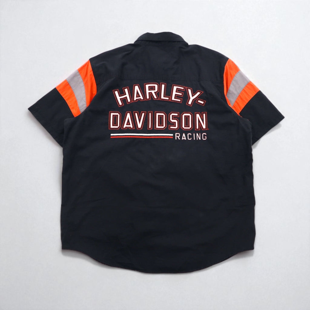HARLEY DAVIDSON RACING 半袖 レーシングシャツ XL ブラック コットン ダブルポケット バックロゴ刺繍