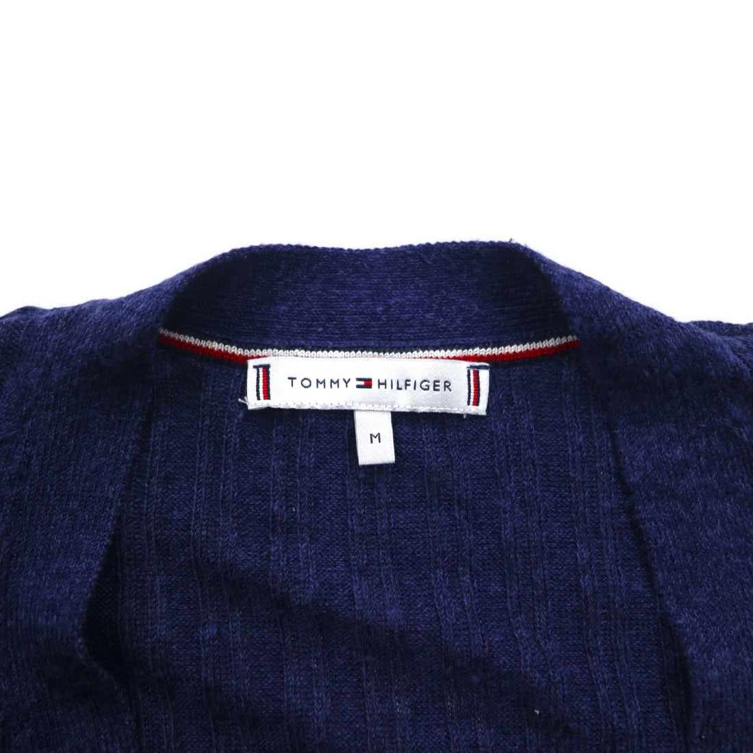 TOMMY HILFIGER ロングカーディガン リネン ニット M ネイビー レーヨン リブ編み