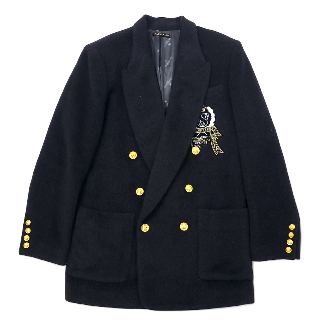 日本然リトテ-古着オンライン-80年代 VALENZA PO SPORTS カシミヤ混 ダブルブレスト テーラードジャケット 40 ブラック ウール 金ボタン エンブレムロゴ 日本製-80's VALENZA PO SPORTS Cashmere Blend Double Breasted Tailored Jacket 40 Black Wool Gold Button Emblem Logo Japan Made
