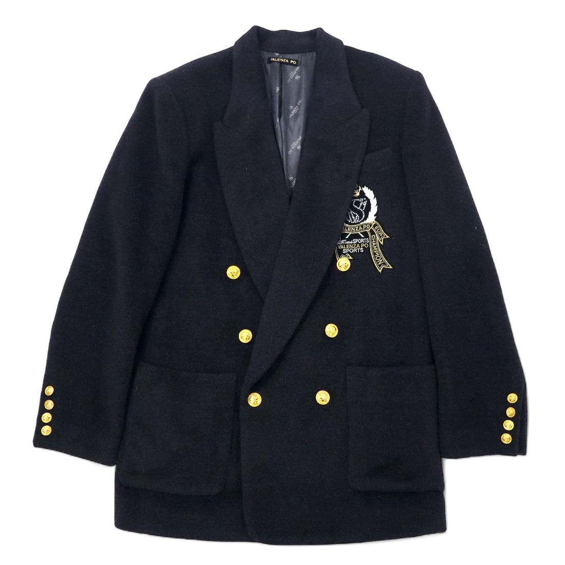 日本然リトテ-古着オンライン-80年代 VALENZA PO SPORTS カシミヤ混 ダブルブレスト テーラードジャケット 40 ブラック ウール 金ボタン エンブレムロゴ 日本製-80's VALENZA PO SPORTS Cashmere Blend Double Breasted Tailored Jacket 40 Black Wool Gold Button Emblem Logo Japan Made