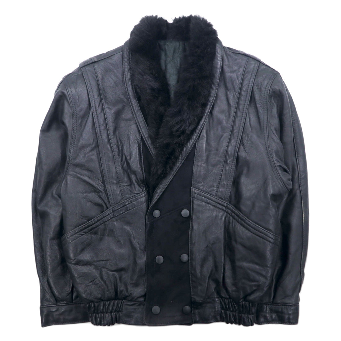 日本然リトテ-古着オンライン-90年代 VERA PELLE ダブルブレスト レザージャケット M ブラック レザー ファー 裏地ペイズリー 襟アクリルファー-