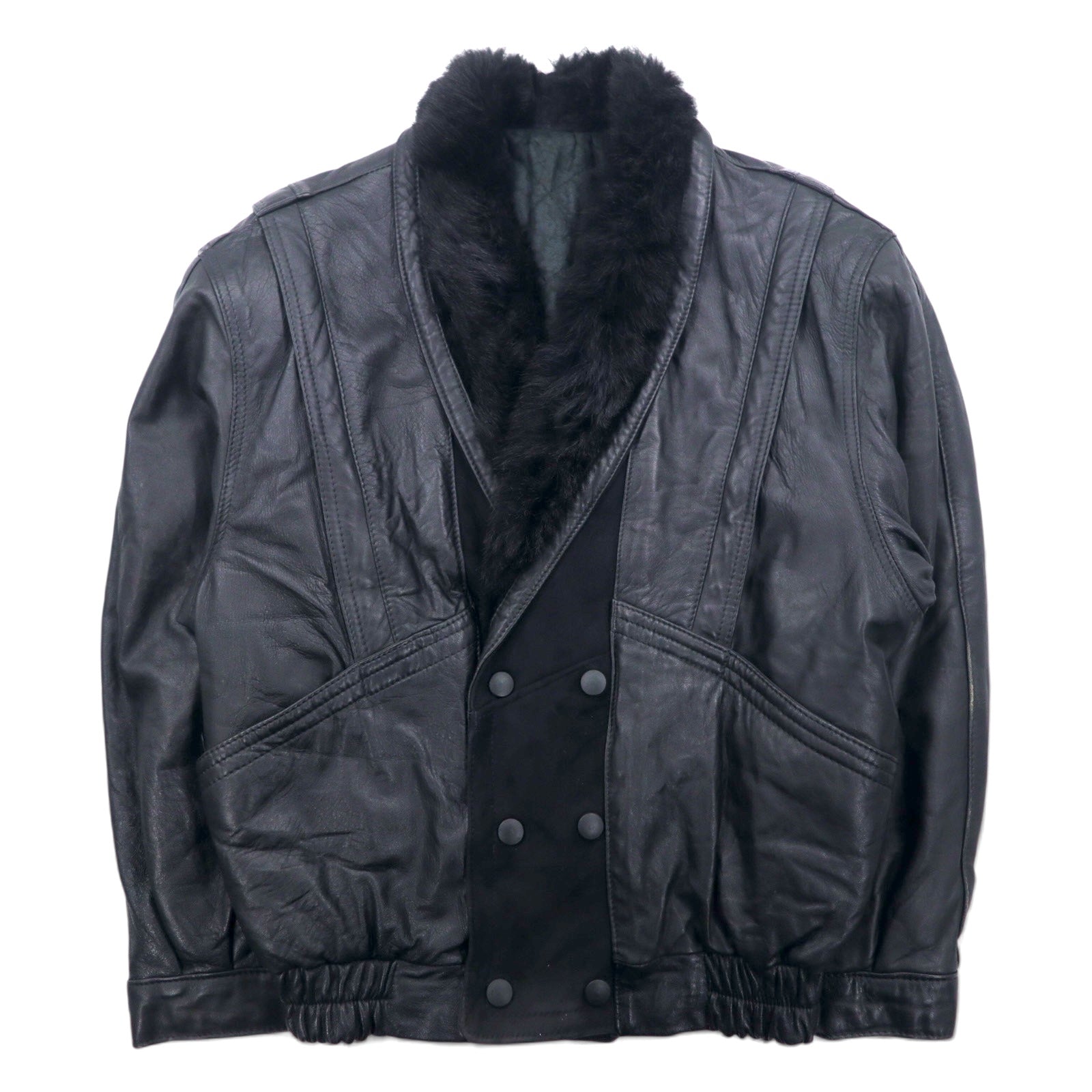 日本然リトテ-古着オンライン-90年代 VERA PELLE ダブルブレスト レザージャケット M ブラック レザー ファー 裏地ペイズリー 襟アクリルファー-