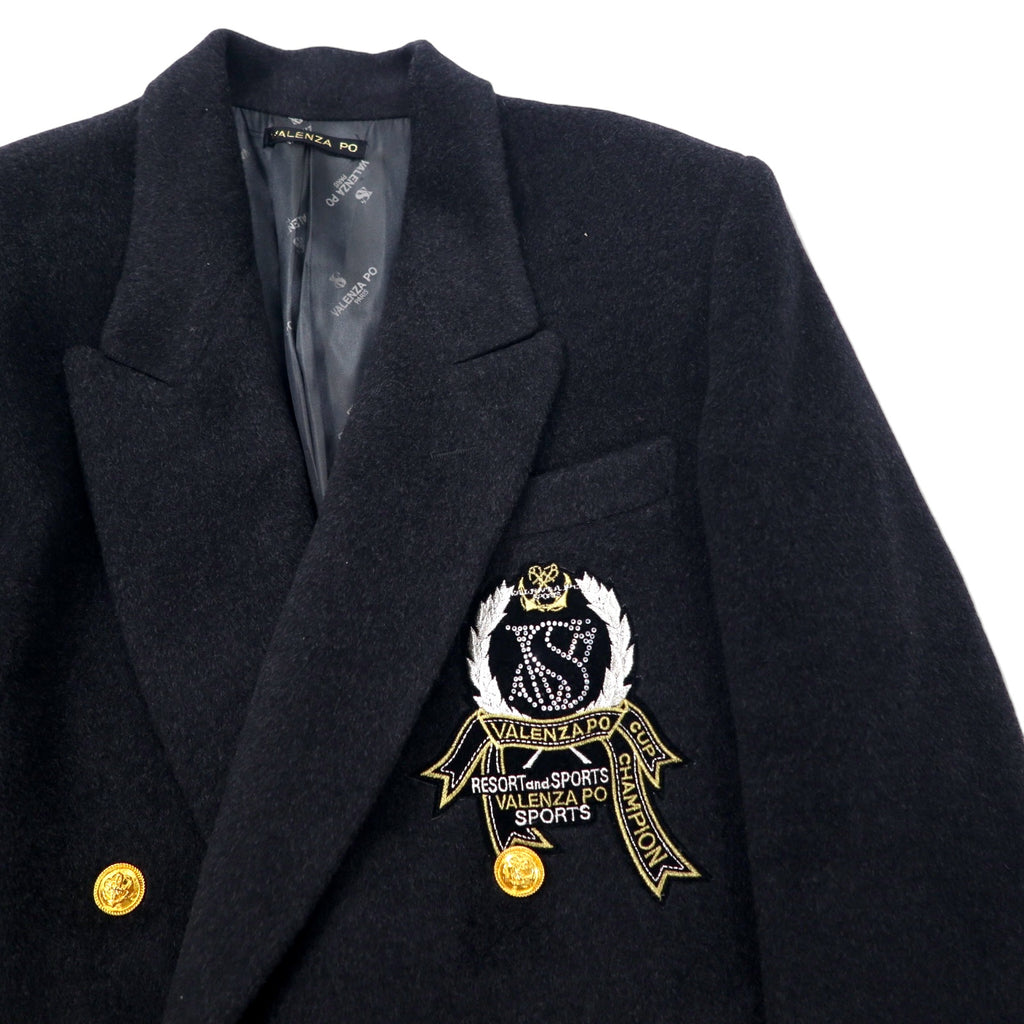 80s VALENZA PO SPORTS Cashmere Blend Double Breasted Tailored Jacket Size 40 Black Wool Gold Buttons Emblem Logo Made in Japan