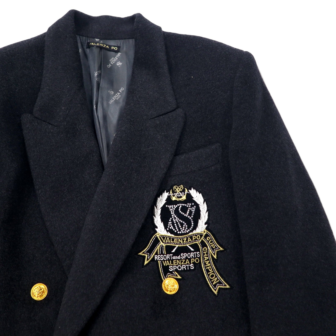 80s VALENZA PO SPORTS Cashmere Blend Double Breasted Tailored Jacket Size 40 Black Wool Gold Buttons Emblem Logo Made in Japan