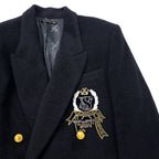 80s VALENZA PO SPORTS Cashmere Blend Double Breasted Tailored Jacket Size 40 Black Wool Gold Buttons Emblem Logo Made in Japan