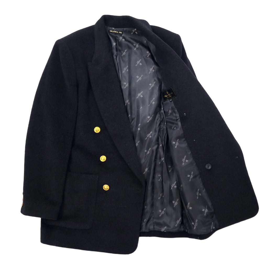 80s VALENZA PO SPORTS Cashmere Blend Double Breasted Tailored Jacket Size 40 Black Wool Gold Buttons Emblem Logo Made in Japan