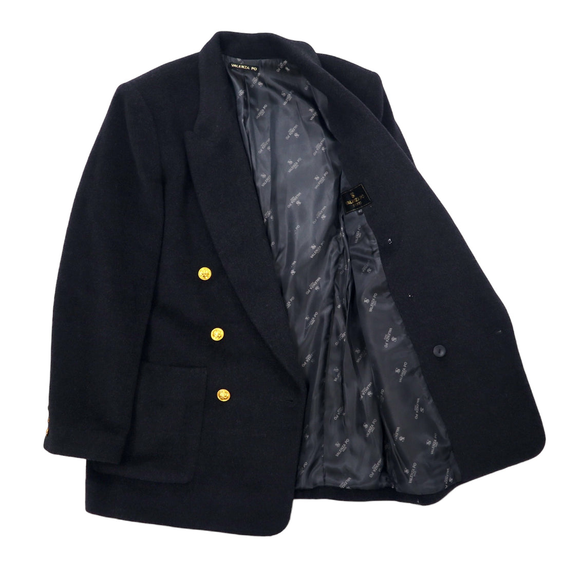 80s VALENZA PO SPORTS Cashmere Blend Double Breasted Tailored Jacket Size 40 Black Wool Gold Buttons Emblem Logo Made in Japan