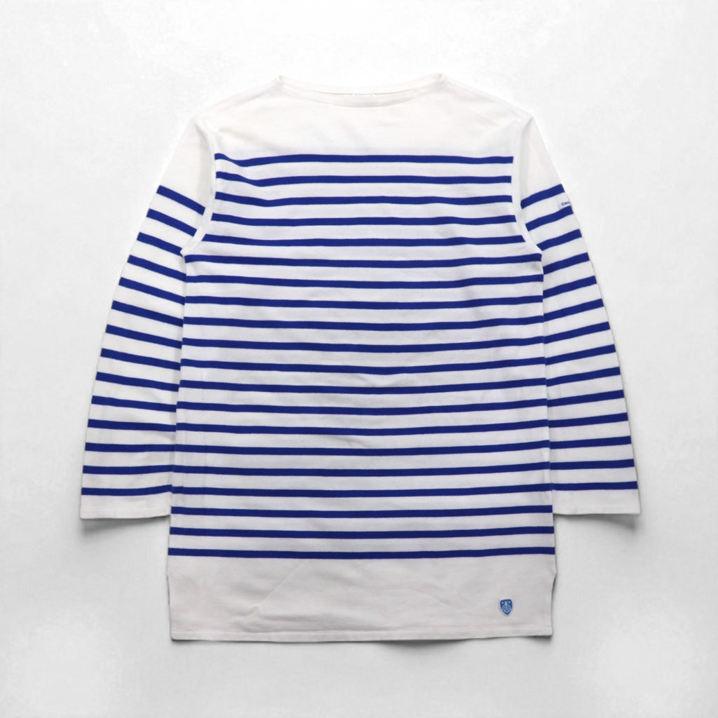 ORCIVAL Big Cotton Road French Basque Shirt, Size 2XL, White and Blue, Boat Neck, Made in France