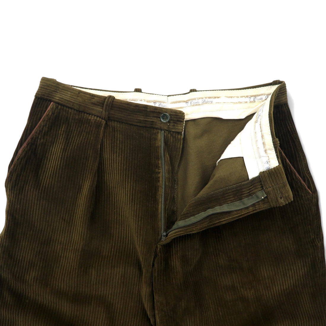 フランス製 80年代 Charles Dubourg テーパード コーデュロイパンツ L カーキ コットン COSSERAT 裾ジップ レザー パイピング DMCジップ