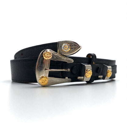 Lyntone USA製 リザード型押し レザー ウエスタンベルト 38 ブラック 牛革 シルバー ゴールド バックル