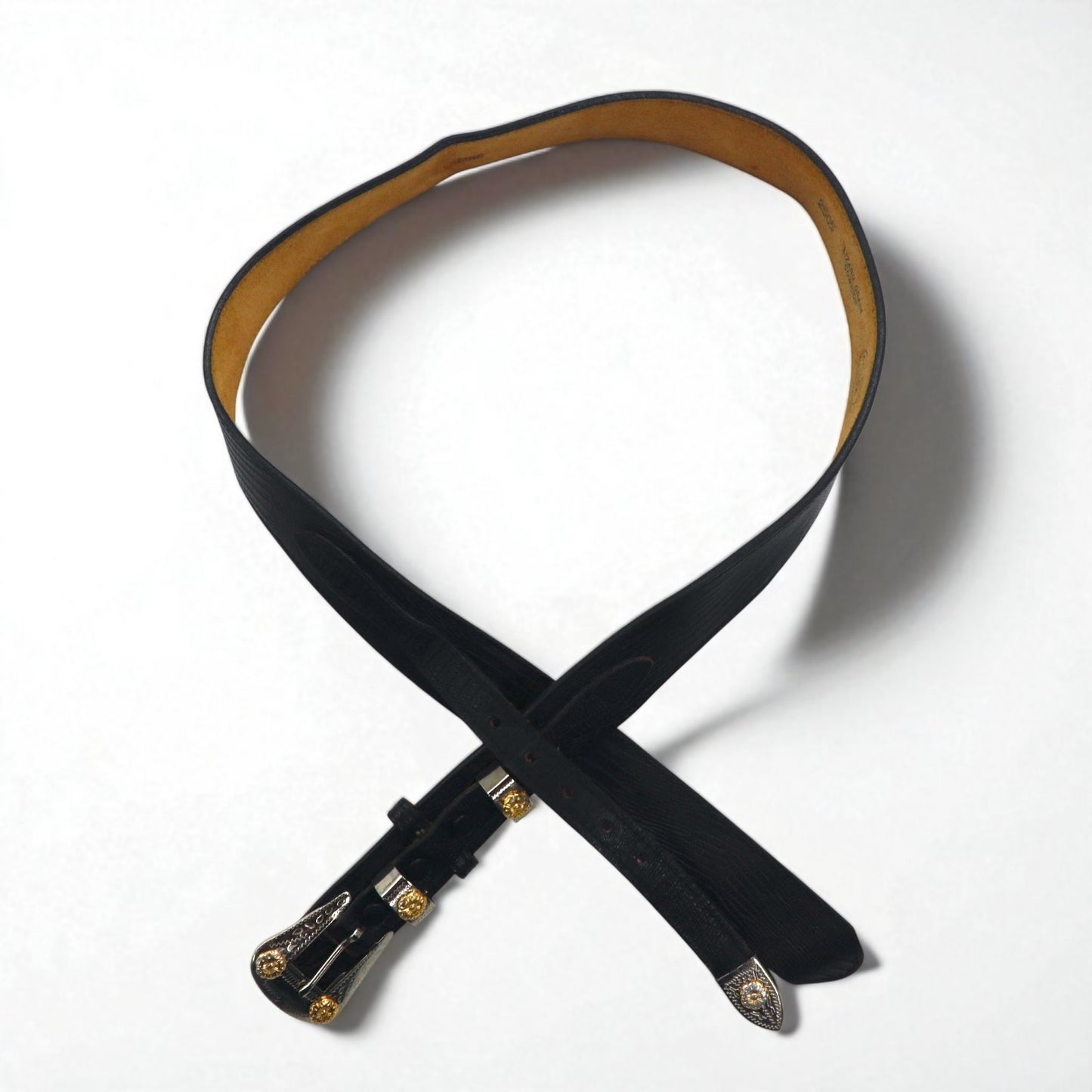 Lyntone USA製 リザード型押し レザー ウエスタンベルト 38 ブラック 牛革 シルバー ゴールド バックル