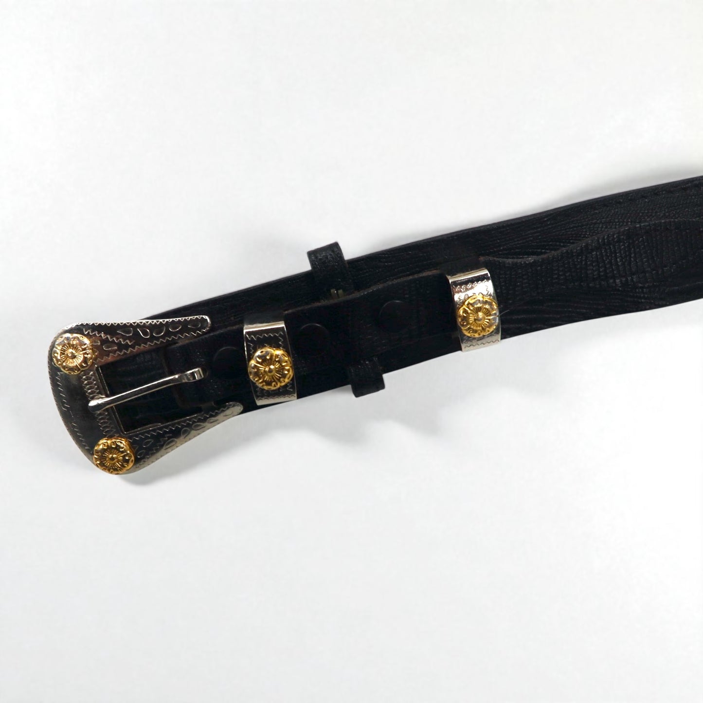 Lyntone USA製 リザード型押し レザー ウエスタンベルト 38 ブラック 牛革 シルバー ゴールド バックル