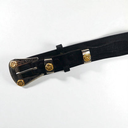 Lyntone USA製 リザード型押し レザー ウエスタンベルト 38 ブラック 牛革 シルバー ゴールド バックル