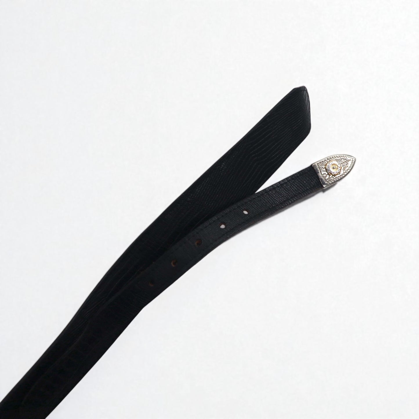 Lyntone USA製 リザード型押し レザー ウエスタンベルト 38 ブラック 牛革 シルバー ゴールド バックル