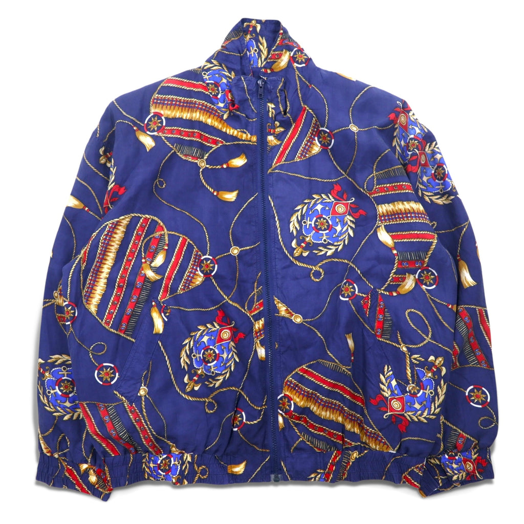 90s BOGARI STUDIO All-over Print Silk Zip-up Blouson, M, Navy