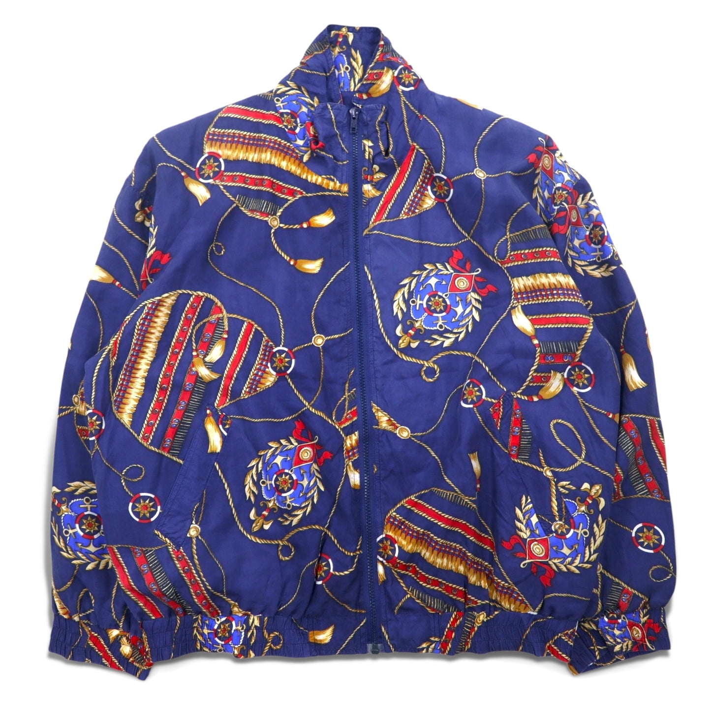 90年代 BOGARI STUDIO 総柄 シルク ジップアップ ブルゾン M ネイビー