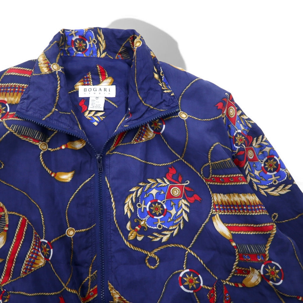 90s BOGARI STUDIO All-over Print Silk Zip-up Blouson, M, Navy