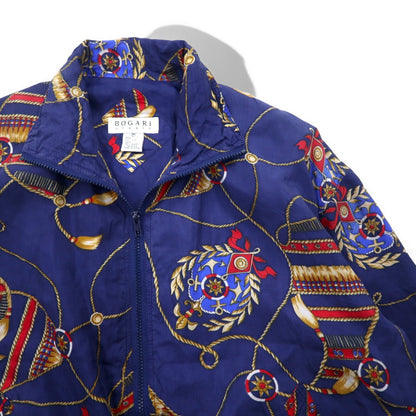 90年代 BOGARI STUDIO 総柄 シルク ジップアップ ブルゾン M ネイビー