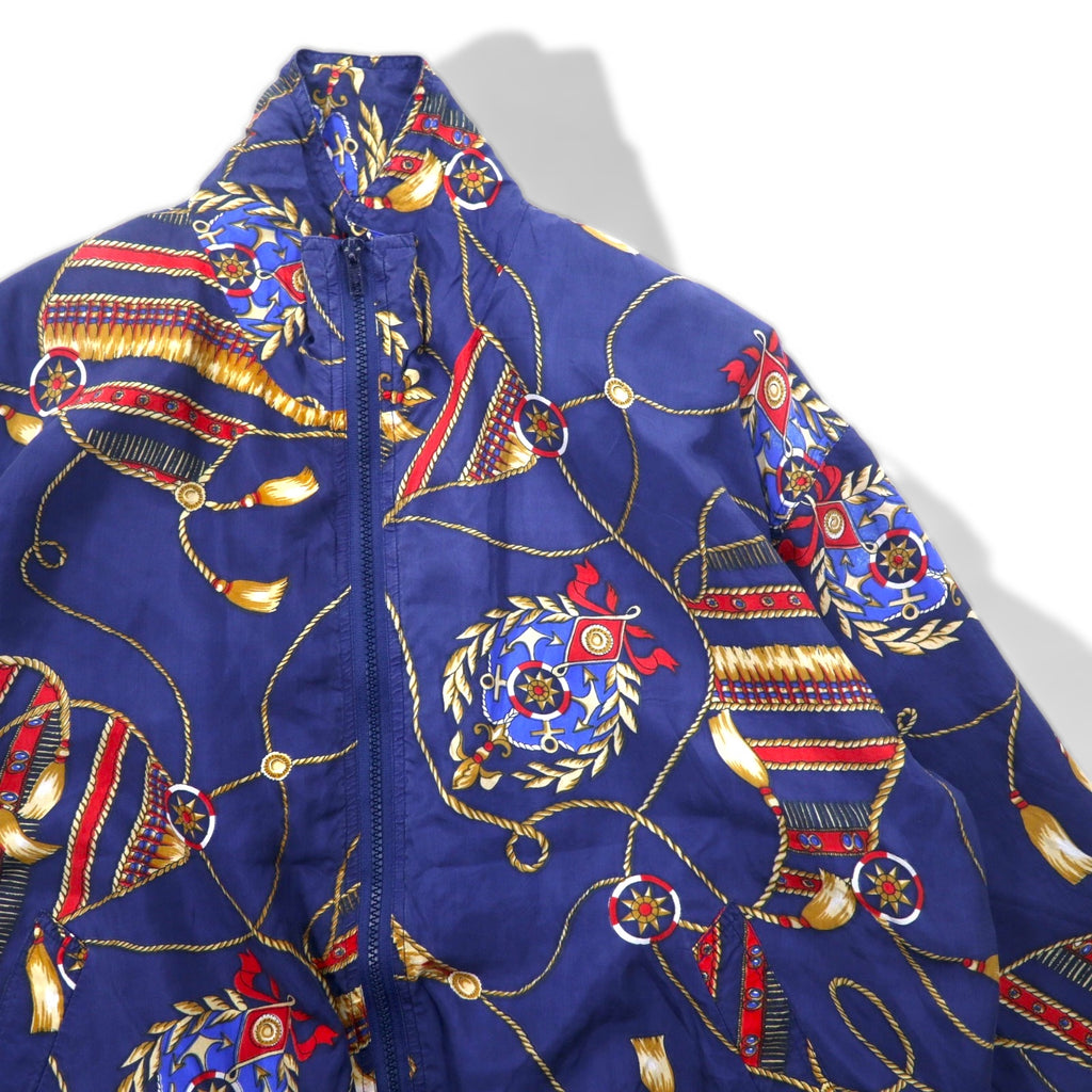 90s BOGARI STUDIO All-over Print Silk Zip-up Blouson, M, Navy