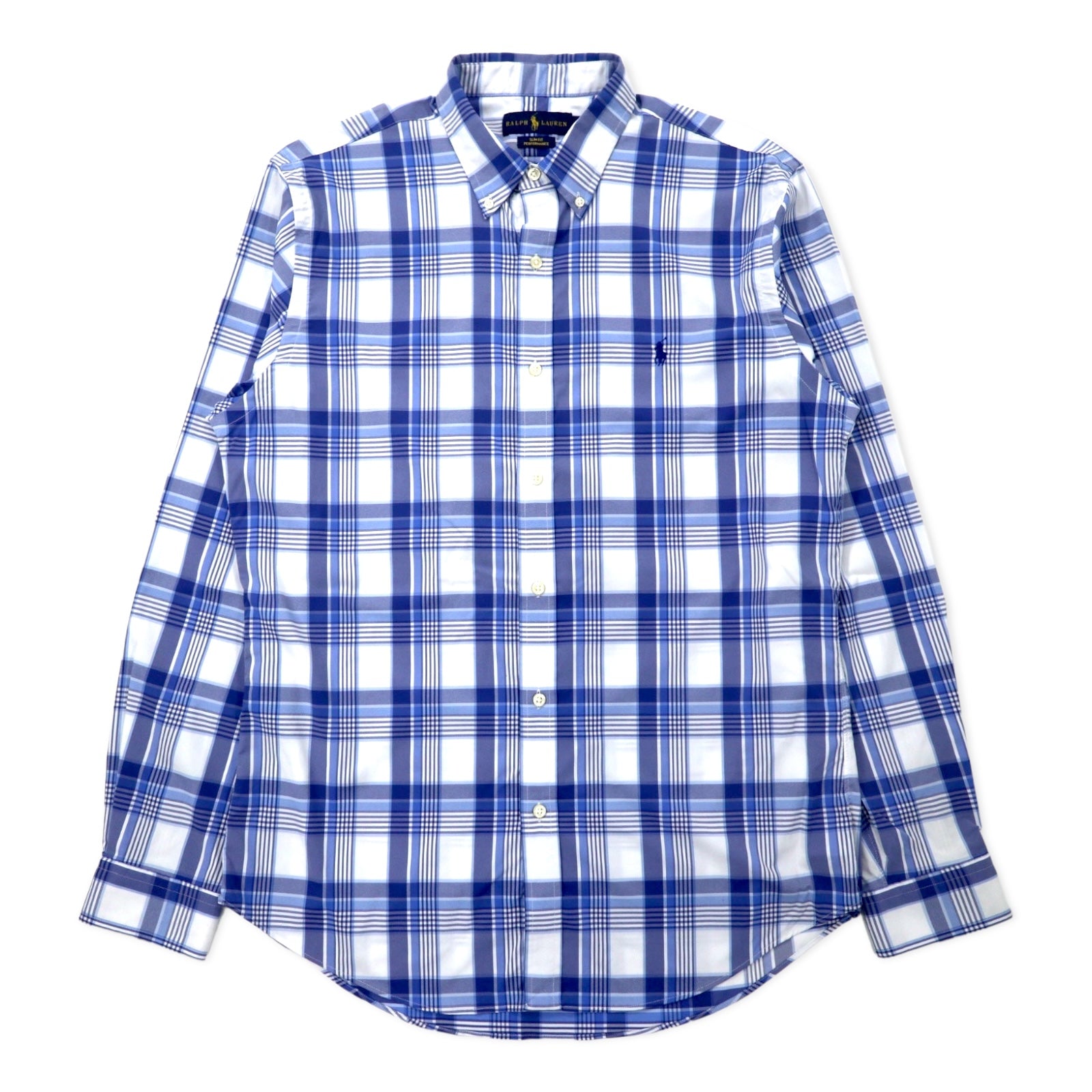日本然リトテ-古着オンライン-RALPH LAUREN スリムフィット パフォーマンス ボタンダウンシャツ L ブルー チェック ナイロン ストレッチ スモールポニー刺繍-RALPH LAUREN Slim Fit Performance Button-down Shirts L Blue Checked Nylon Stretch Small Pony Embroidery