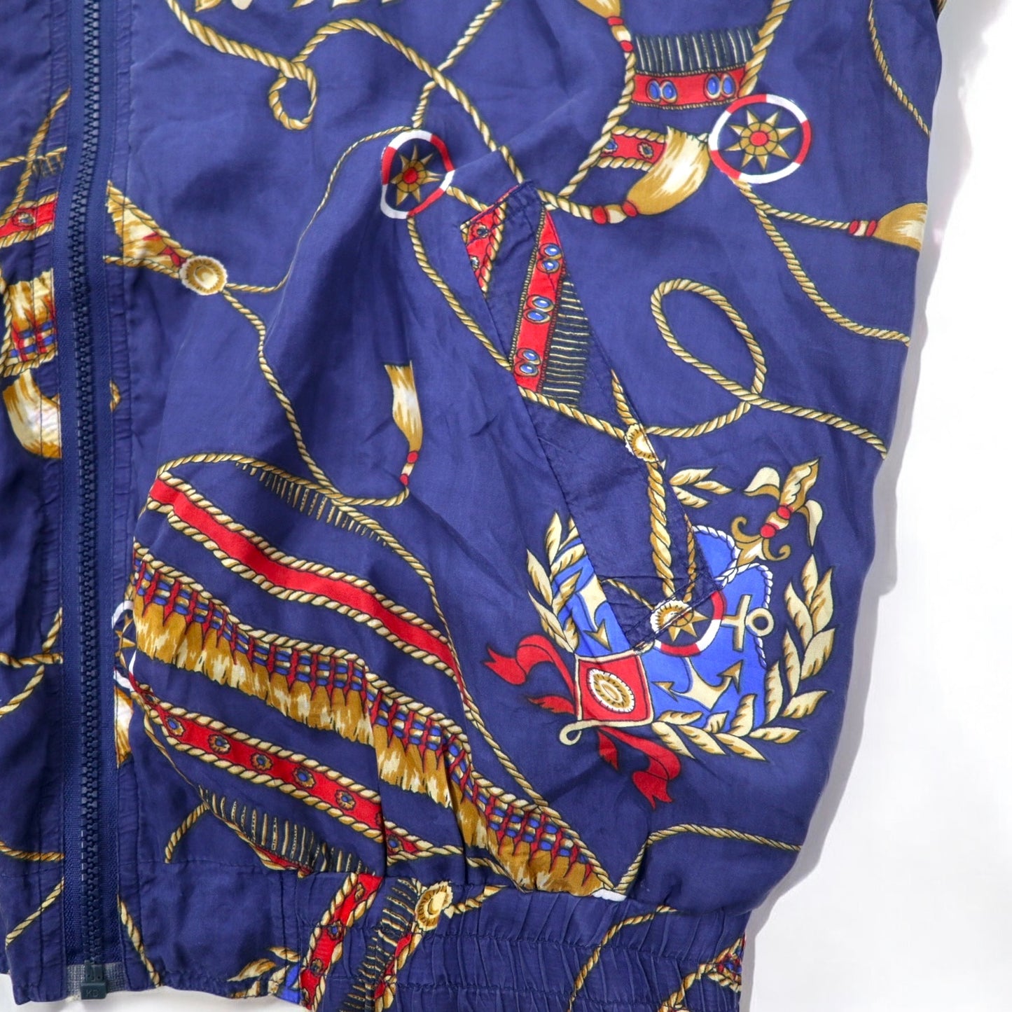 90年代 BOGARI STUDIO 総柄 シルク ジップアップ ブルゾン M ネイビー