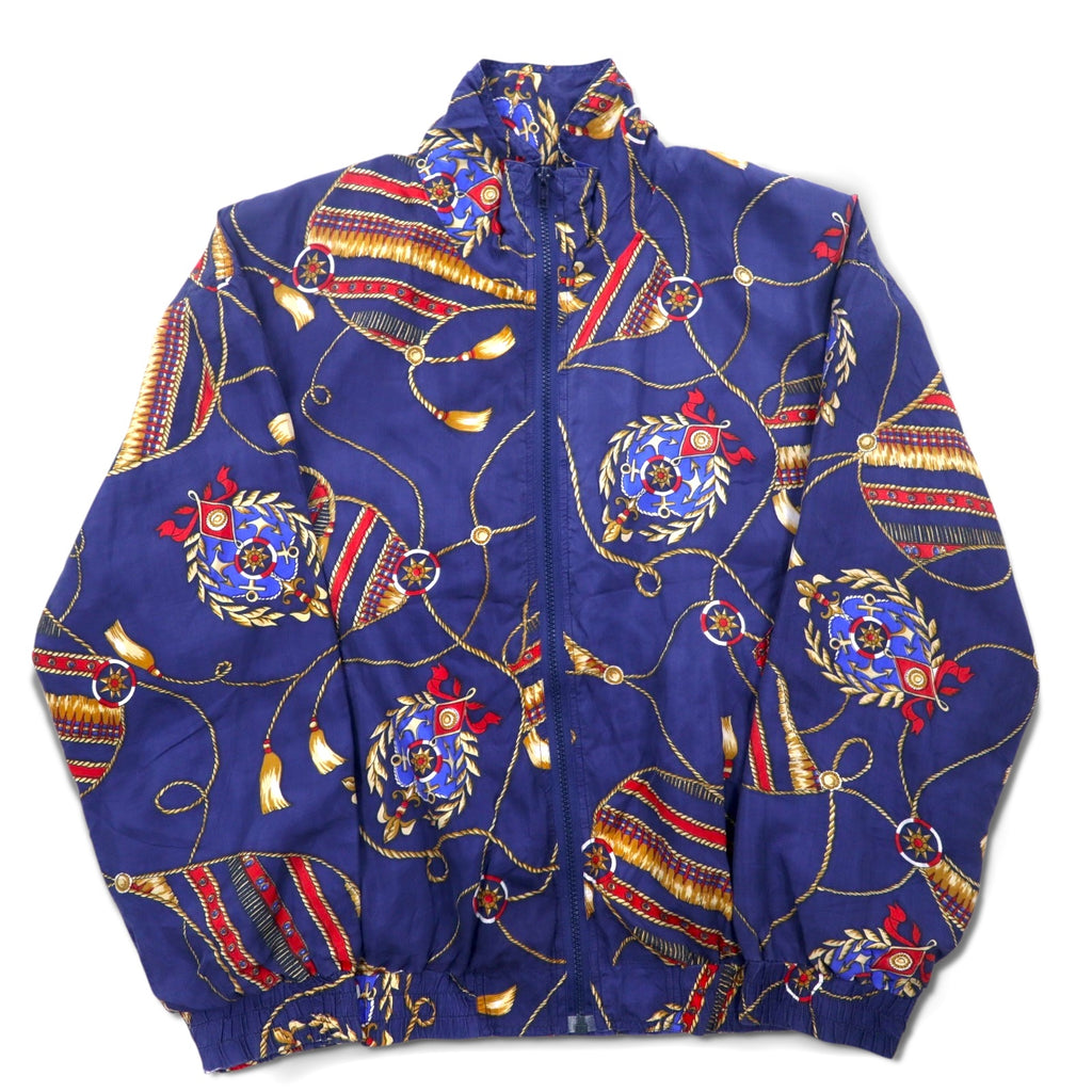 90s BOGARI STUDIO All-over Print Silk Zip-up Blouson, M, Navy