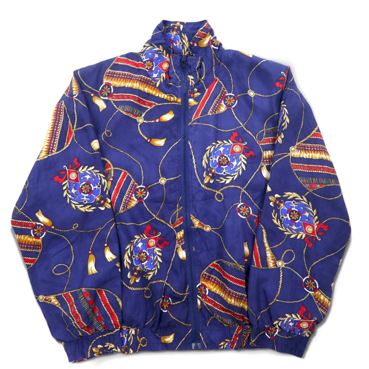 90年代 BOGARI STUDIO 総柄 シルク ジップアップ ブルゾン M ネイビー