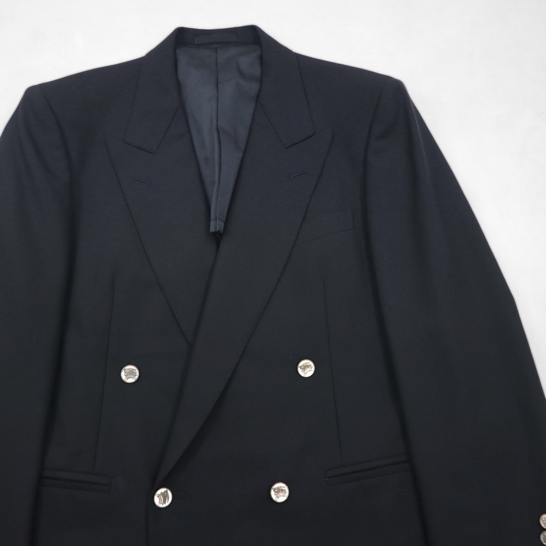 BURBERRY Made in Japan Peak Lapel Double-Breasted Blazer Suit, Size M, Metal Buttons, Wool Gabardine
