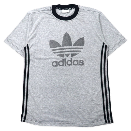 日本然リトテ-古着オンライン-adidas 90年代 ビッグトレフォイルロゴ リンガーTシャツ L グレー コットン 3ストライプ-Adidas 90s Big Trofoil Logger Linger T-Shirt L Gray Cotton 3 STRIPED