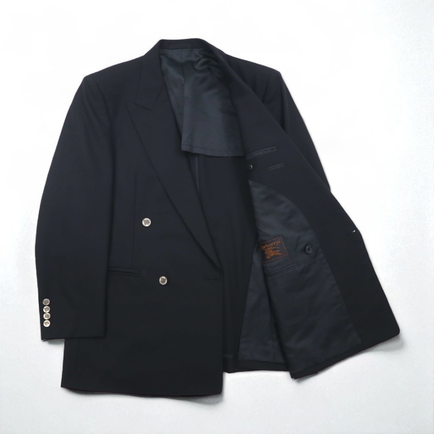 BURBERRY Made in Japan Peak Lapel Double-Breasted Blazer Suit, Size M, Metal Buttons, Wool Gabardine
