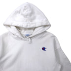 Champion Reverse Weave Pullover Hoodie, M, White, Cotton, Blue Single Tag, Reprint, Reverse Weave, Made in Honduras
