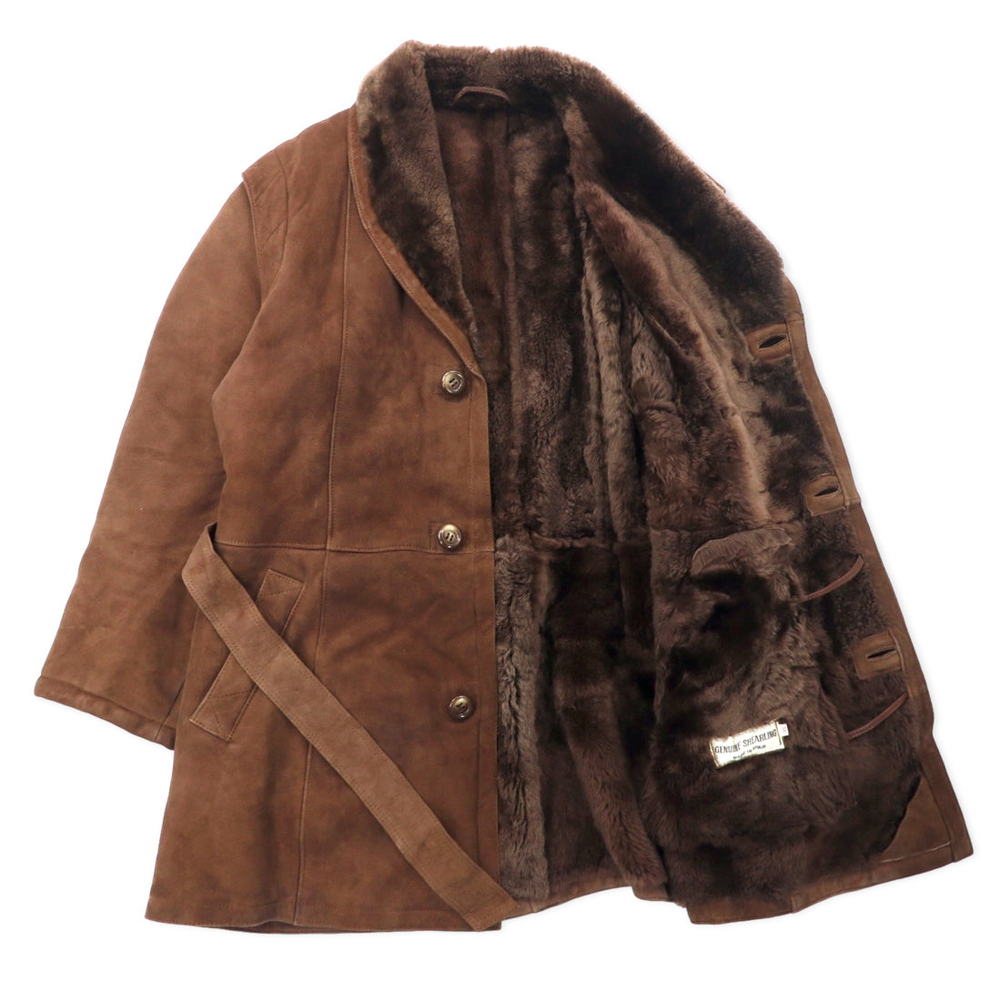 GENUINE SHEARLING Made in Spain 80s Shawl Collar Mouton Balmacaan Coat L Brown Sheepskin