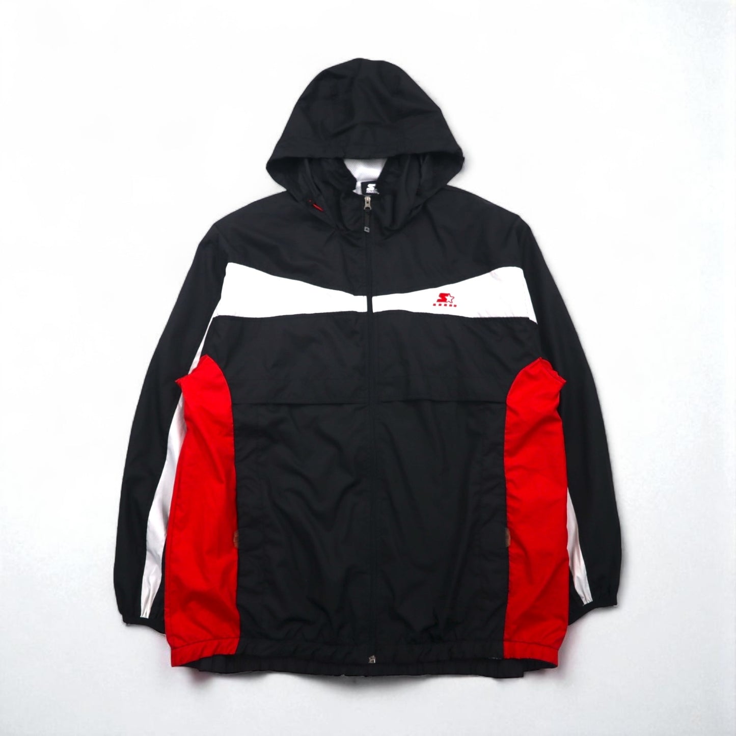 STARTER Nylon Parka Track Jacket Jersey, Size L, Black, with Hood Storage