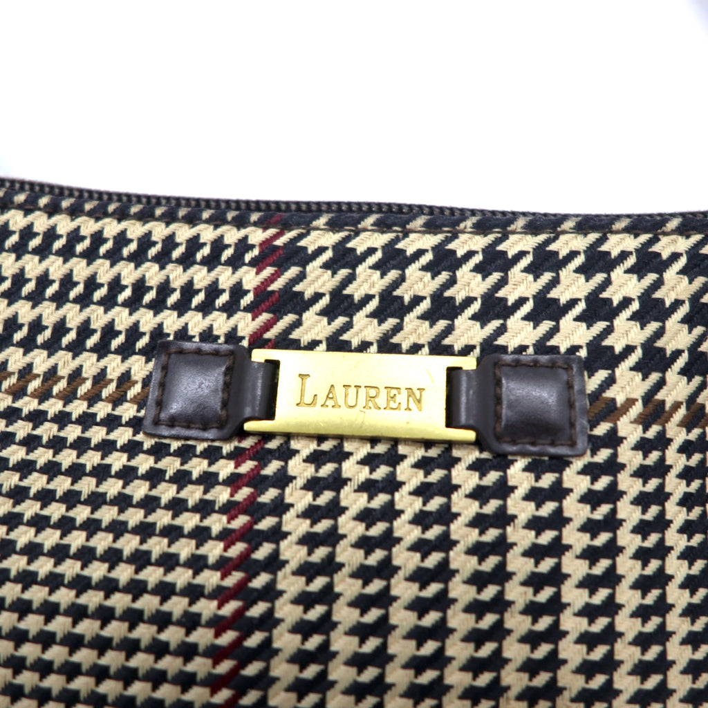 LAUREN RALPH LAUREN Gun Club Check Shoulder Bag Pochette Brown Nylon Canvas Logo Plate