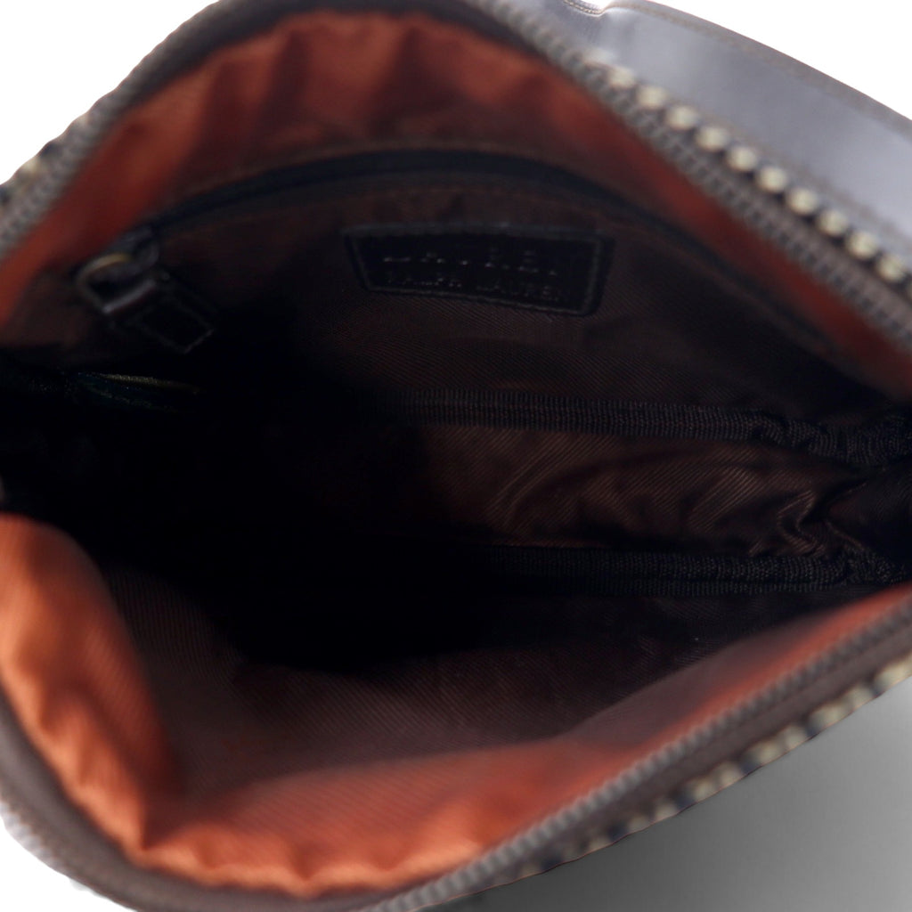 LAUREN RALPH LAUREN Gun Club Check Shoulder Bag Pochette Brown Nylon Canvas Logo Plate