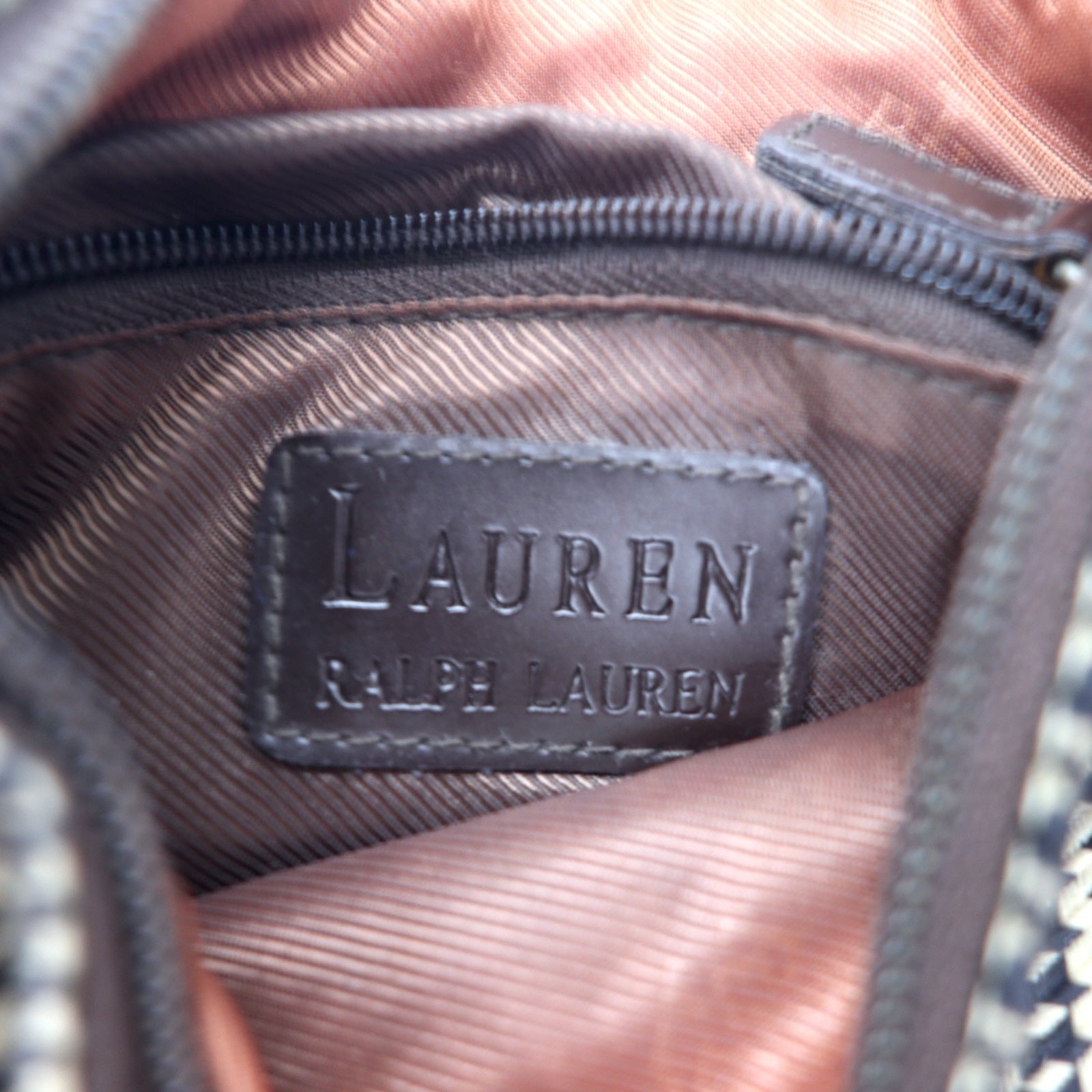 LAUREN RALPH LAUREN Gun Club Check Shoulder Bag Pochette Brown Nylon Canvas Logo Plate