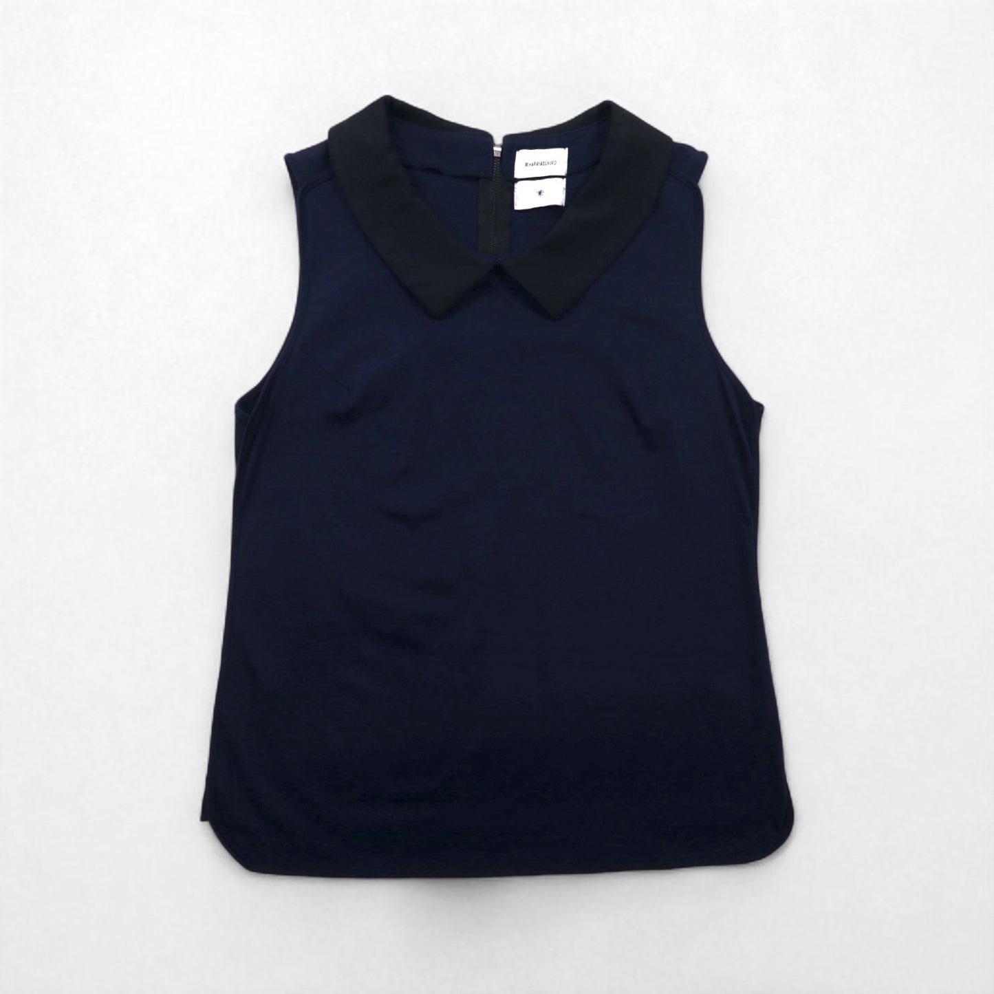 MIHARA YASUHIRO 襟付き ノースリーブ ブラウス L ネイビー コットン ストレッチ 日本製