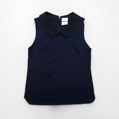 MIHARA YASUHIRO 襟付き ノースリーブ ブラウス L ネイビー コットン ストレッチ 日本製