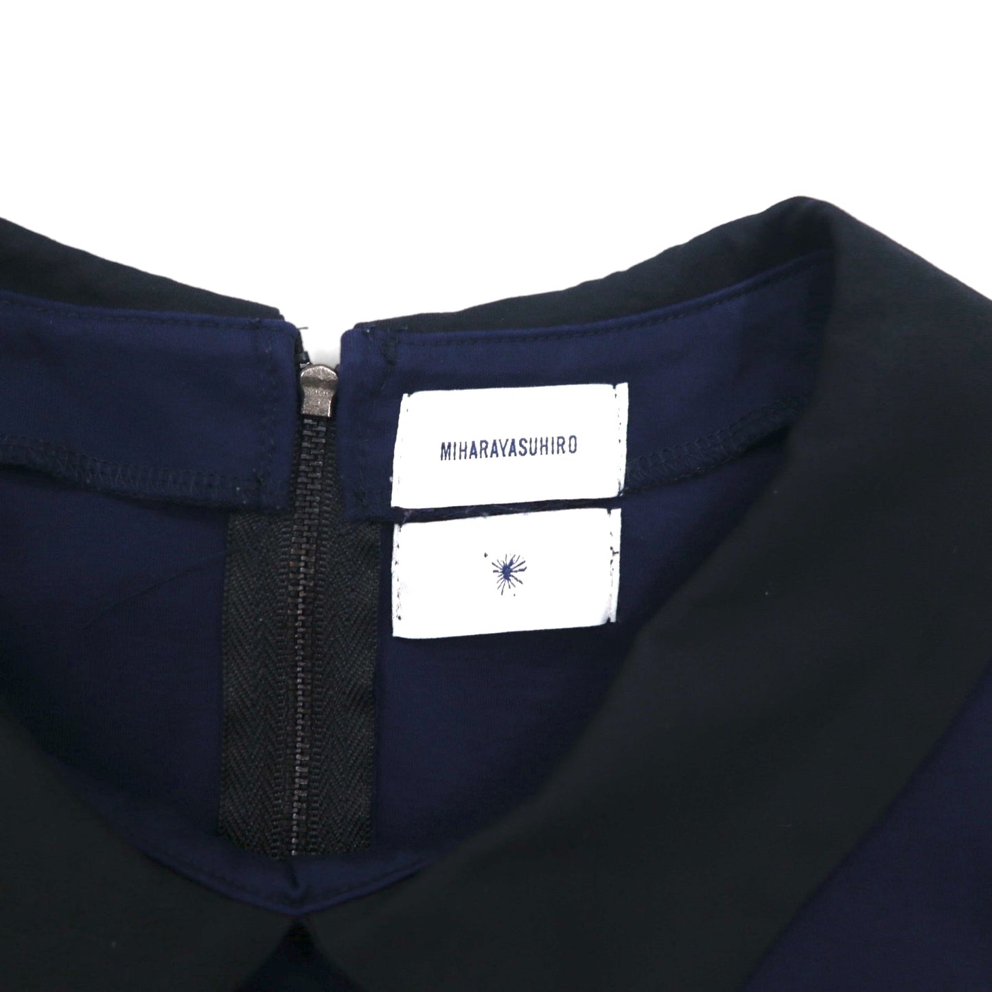 MIHARA YASUHIRO 襟付き ノースリーブ ブラウス L ネイビー コットン ストレッチ 日本製