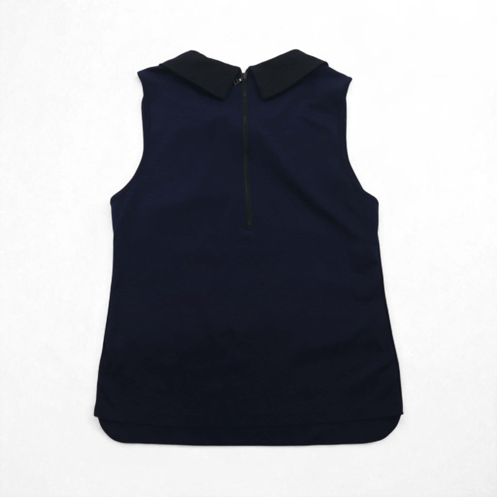 MIHARA YASUHIRO Collared Sleeveless Blouse, Size L, Navy, Cotton Stretch, Made in Japan