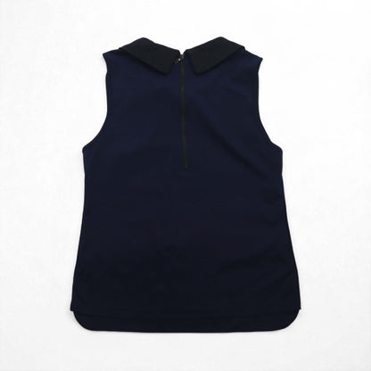 MIHARA YASUHIRO 襟付き ノースリーブ ブラウス L ネイビー コットン ストレッチ 日本製