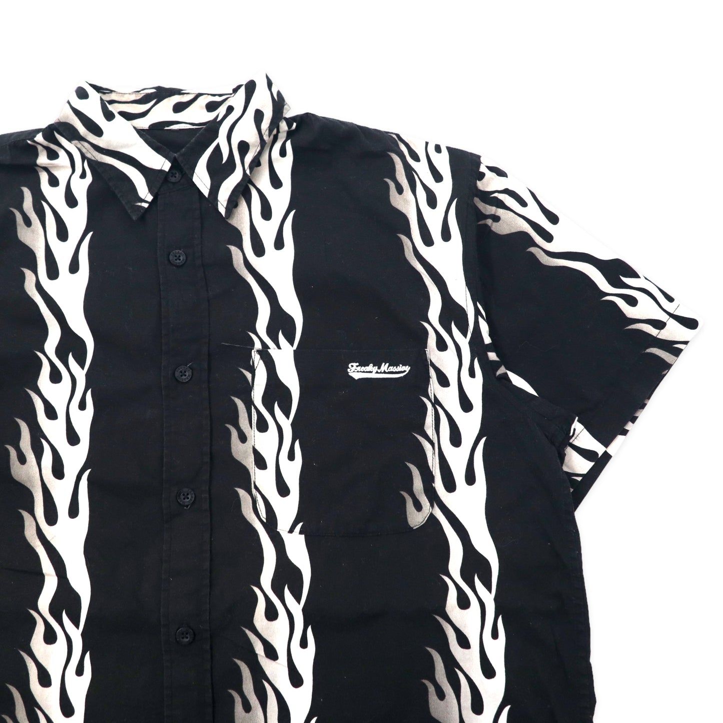 FREAKY 90年代 ファイヤーパターン 半袖シャツ アロハシャツ L ブラック コットン 総柄