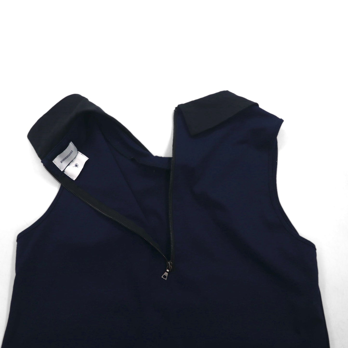 MIHARA YASUHIRO 襟付き ノースリーブ ブラウス L ネイビー コットン ストレッチ 日本製